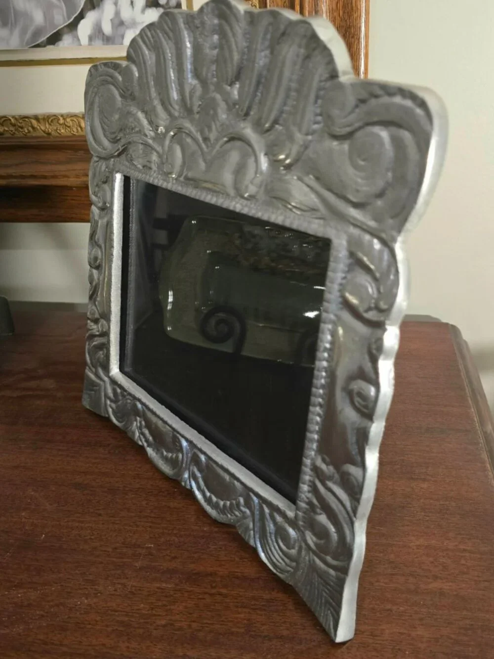 Heavy Vintage Mexican Pewter Picture Frame Wood Easel Back
